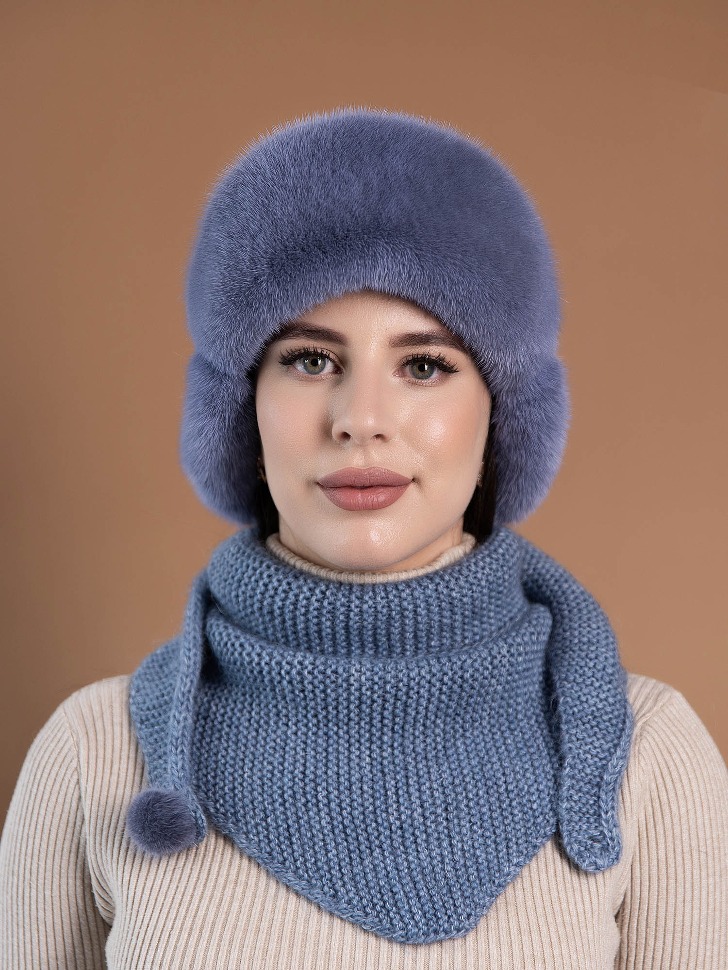 Шапка с мехом норки на шерстяной основе + косынка, арт. ШМ-023