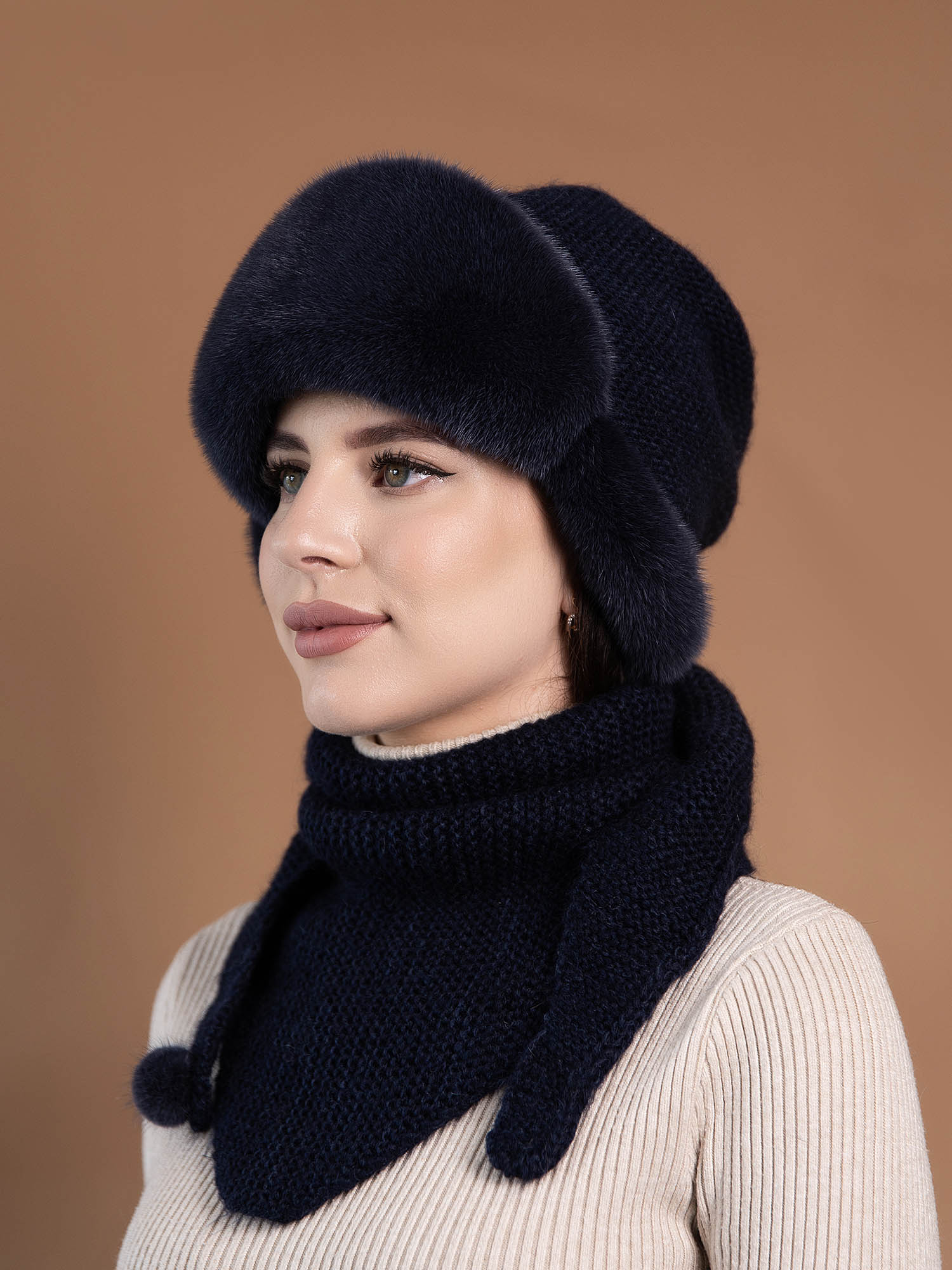 Шапка с мехом норки на шерстяной основе + косынка, арт. ШМ-021