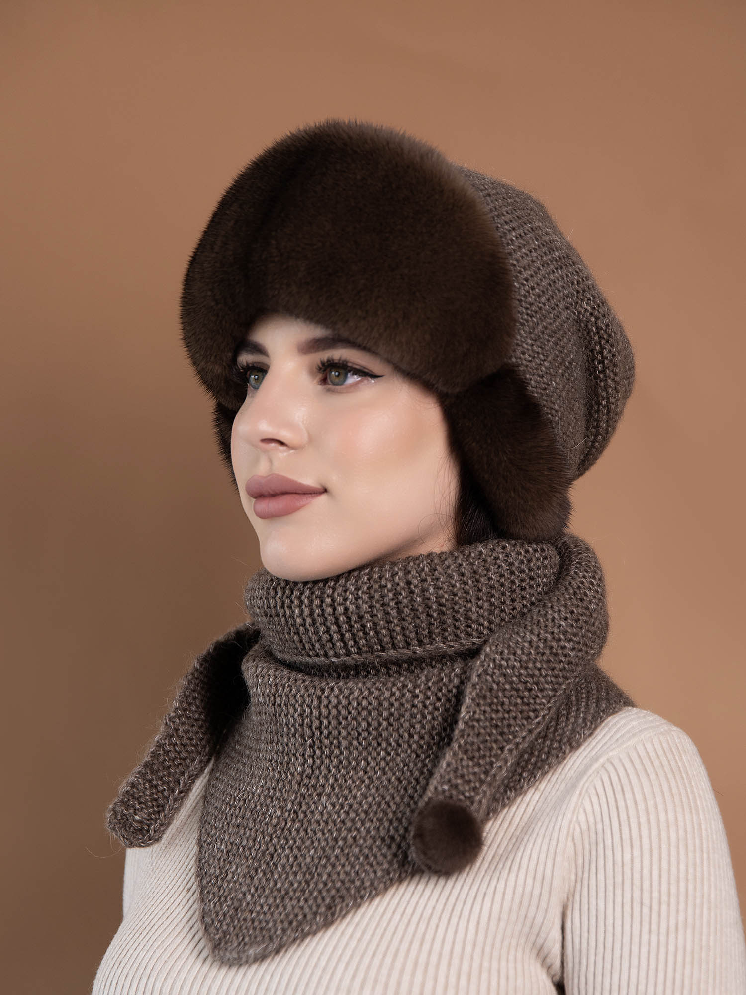 Шапка с мехом норки на шерстяной основе + косынка, арт. ШМ-026